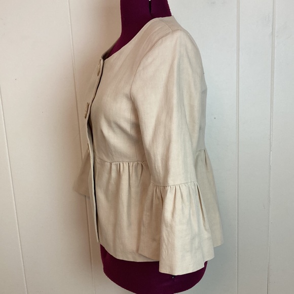 LK Bennet Linen Ruffle Blazer 10 Lightweight Party Jacket Khaki Tan - Picture 2 of 7